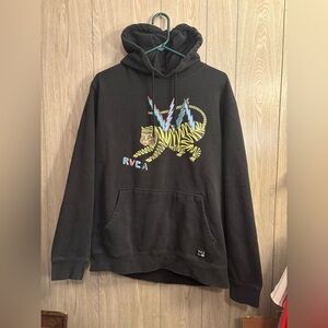 RVCA Matt Leines Hoodie XL Black Tiger Lightning Graphic Pullover Sweatshirt